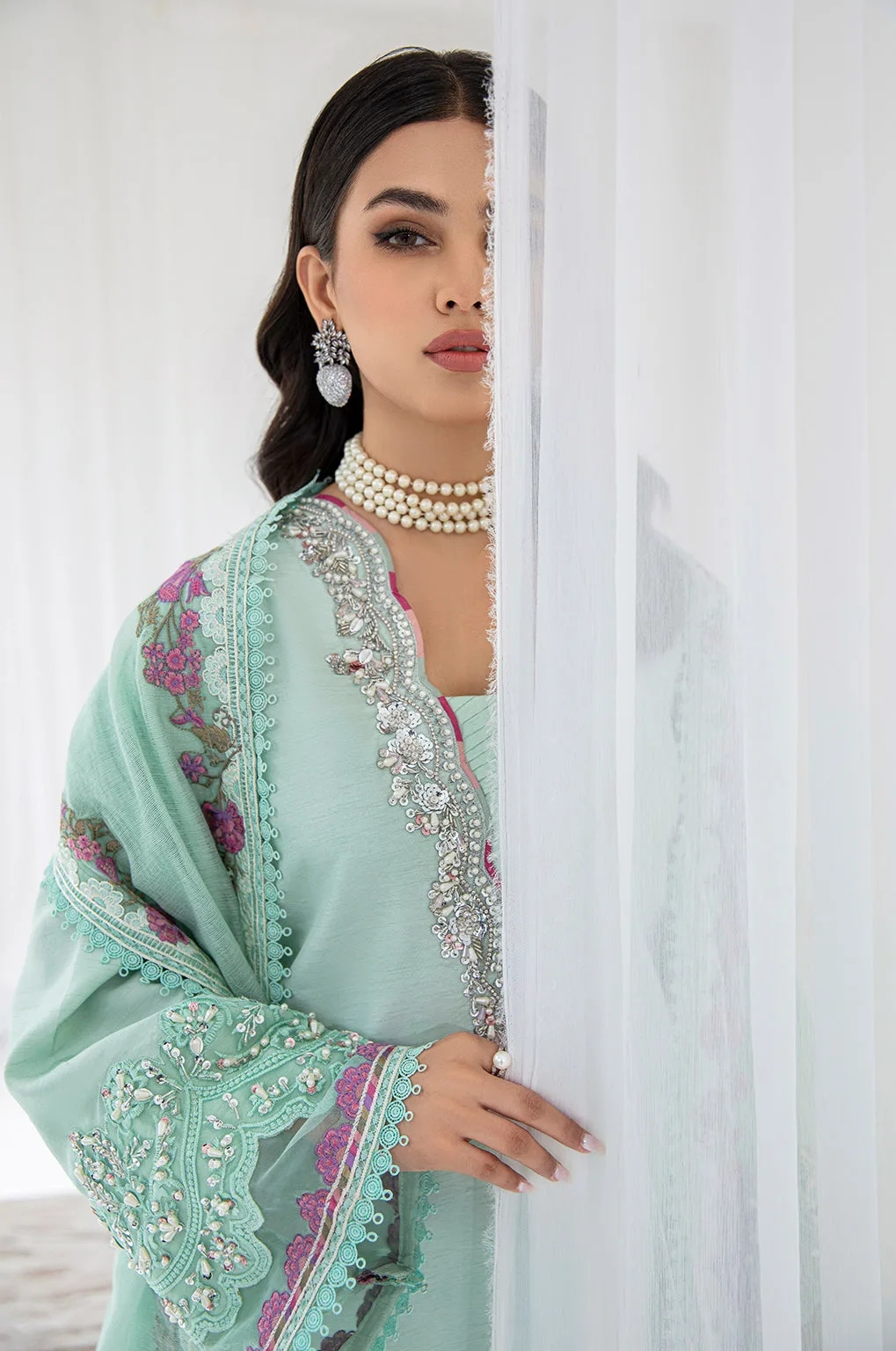 long raw silk shirt with subtle net detailing – view 5 – Poshaq