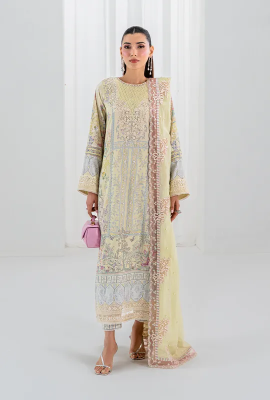 Butter Yellow Raw Silk Long Shirt with Organza Neckline – view 1 – Poshaq
