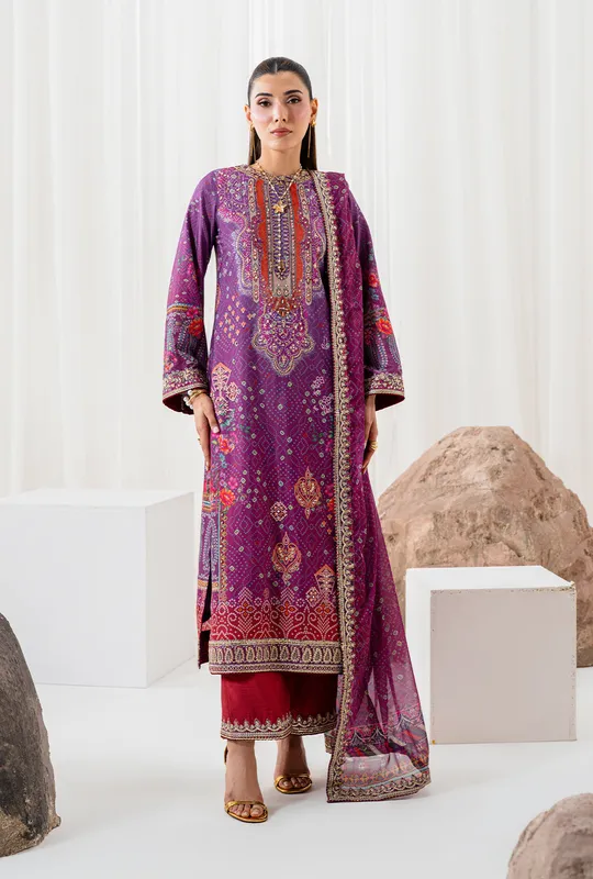 Purple silk long shirt with raw silk trousers and printed dupatta – view 1 – Poshaq