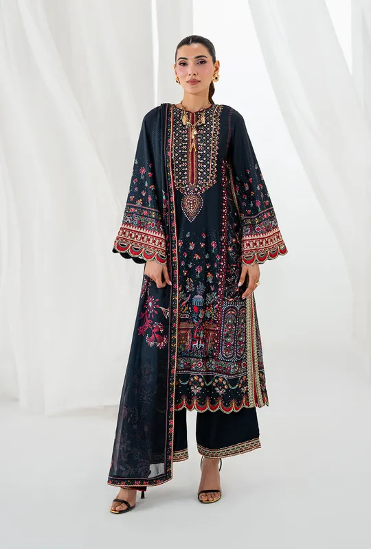 Black long silk shirt with satin sleeve border – view 1 – Poshaq
