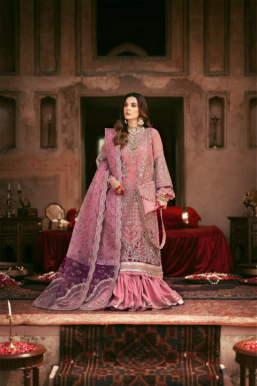 Rose pink silk bridal suit with organza panel and embroidered dupatta – view 1 – Poshaq