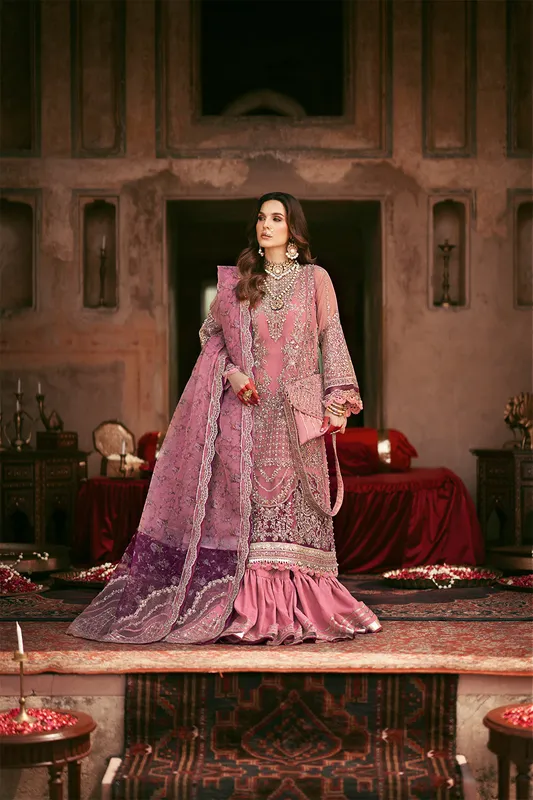 Rose pink silk bridal suit with organza panel and embroidered dupatta – view 1 – Poshaq