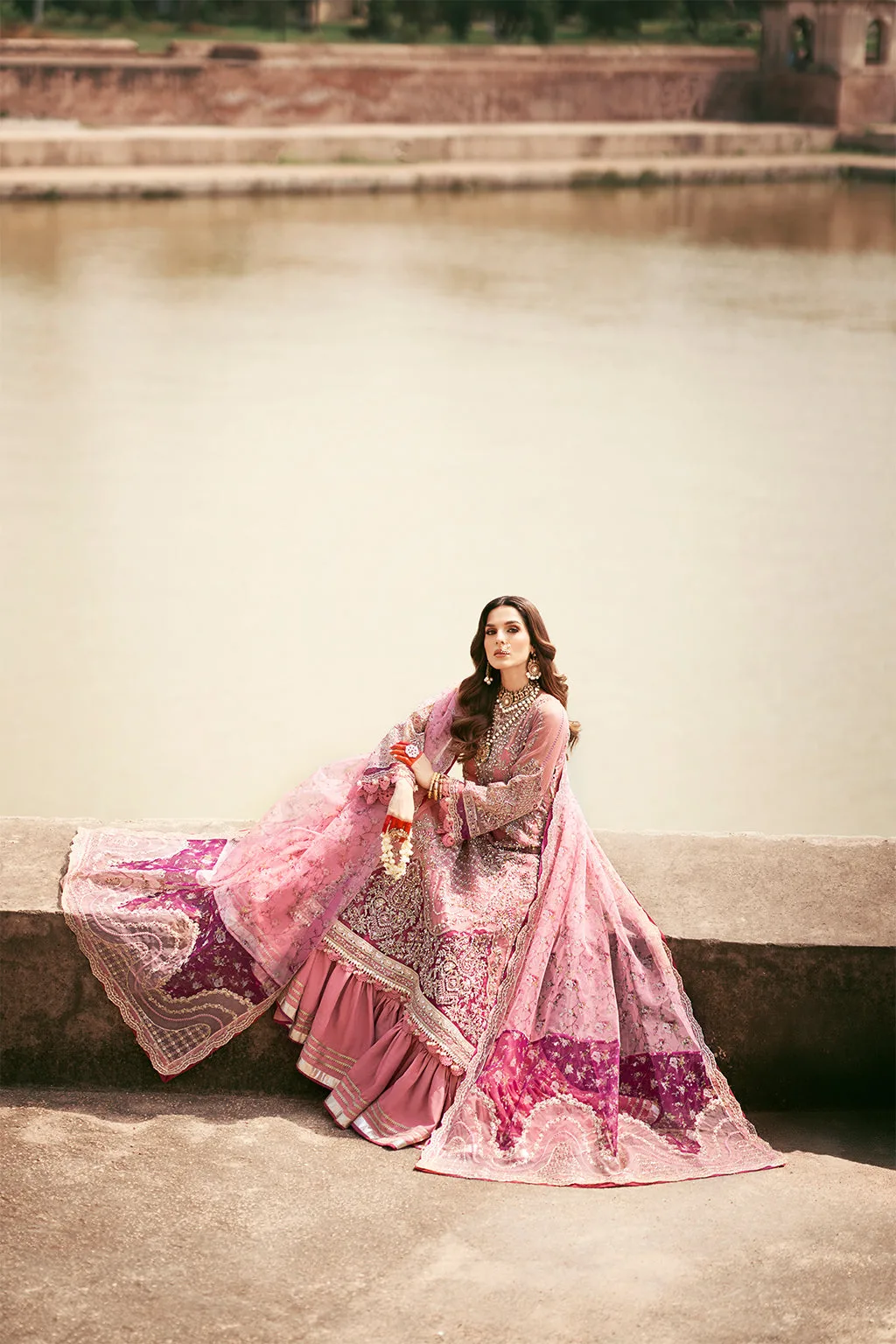 Rose pink silk bridal suit with organza panel and embroidered dupatta – view 2 – Poshaq