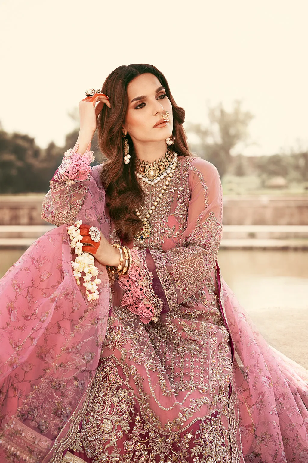 Rose pink silk bridal suit with organza panel and embroidered dupatta – view 3 – Poshaq
