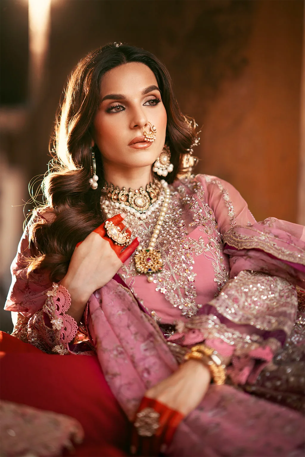 Rose pink silk bridal suit with organza panel and embroidered dupatta – view 4 – Poshaq