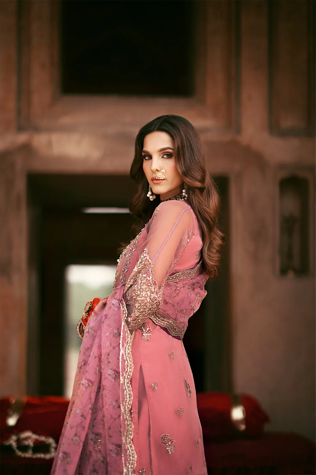 Rose pink silk bridal suit with organza panel and embroidered dupatta – view 5 – Poshaq