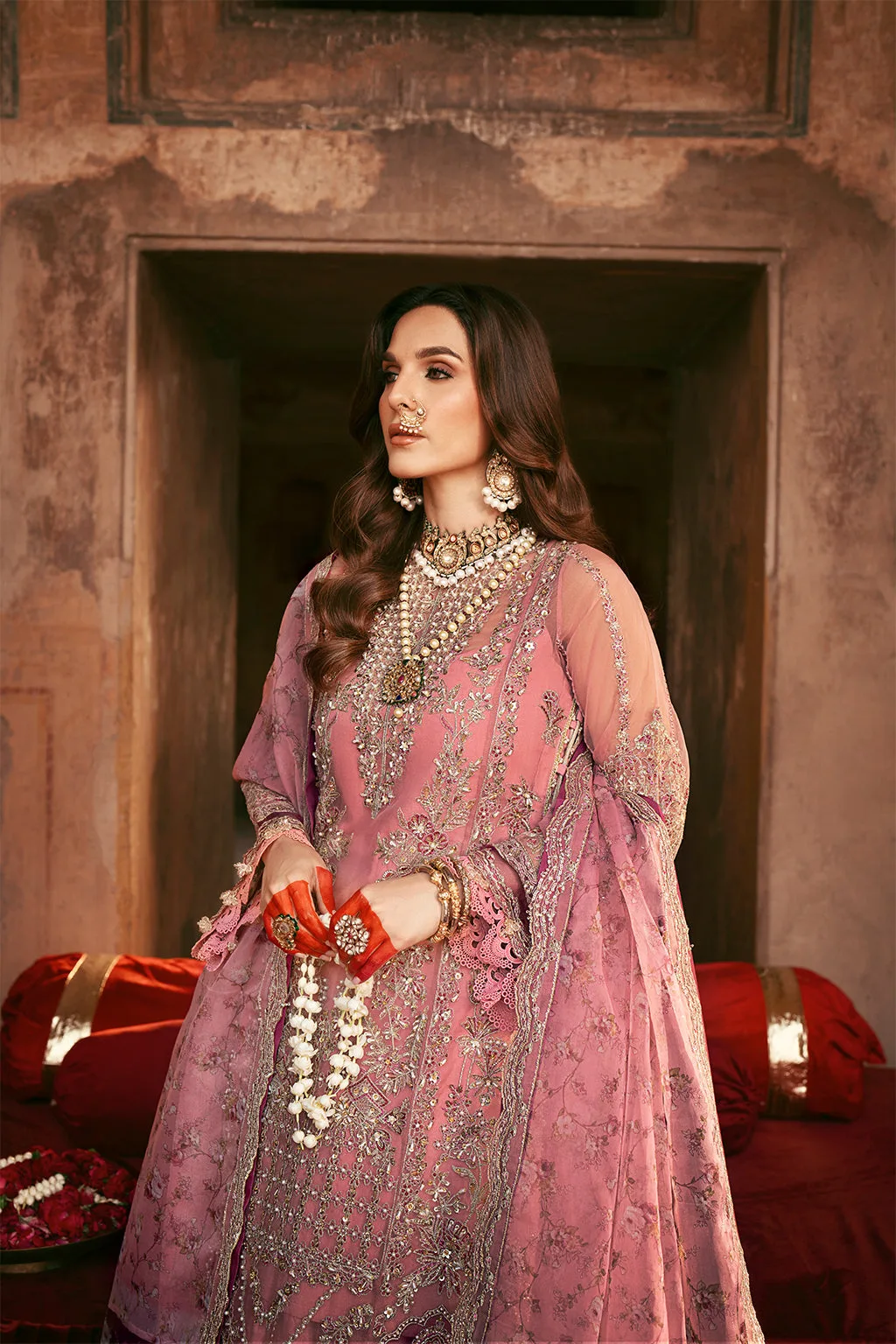 Rose pink silk bridal suit with organza panel and embroidered dupatta – view 6 – Poshaq