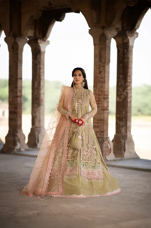 Coral Gold bridal silk suit with net sleeves and organza dupatta – view 1 – Poshaq
