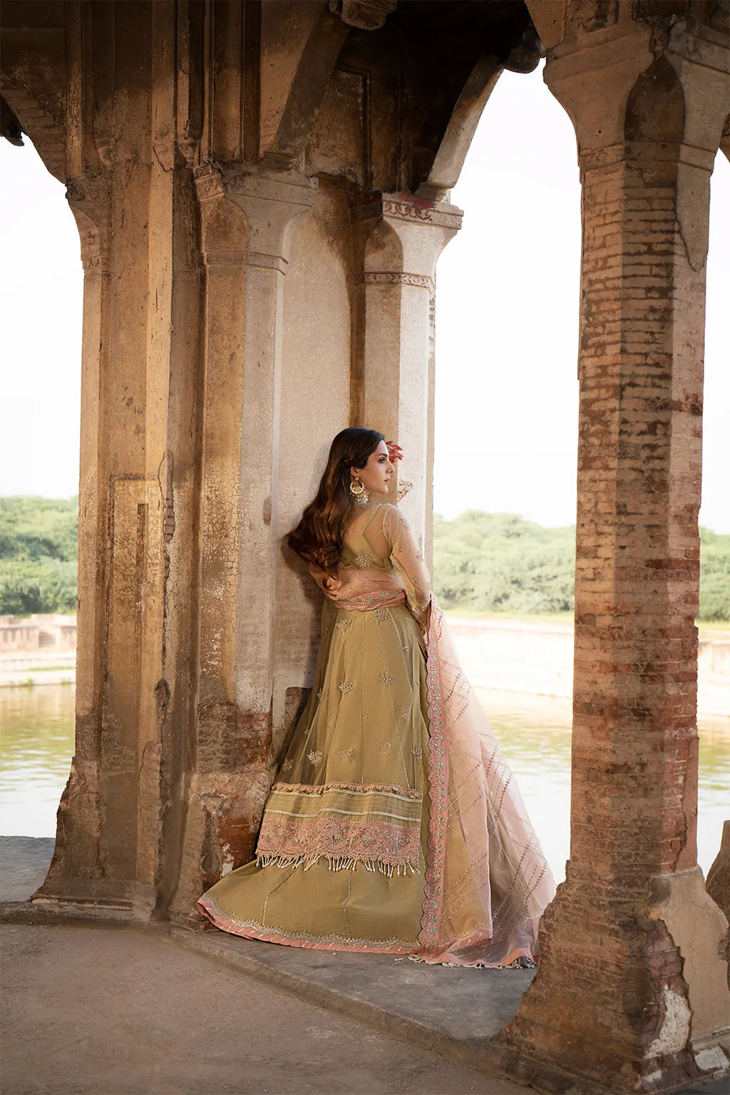 Coral Gold bridal silk suit with net sleeves and organza dupatta – view 2 – Poshaq