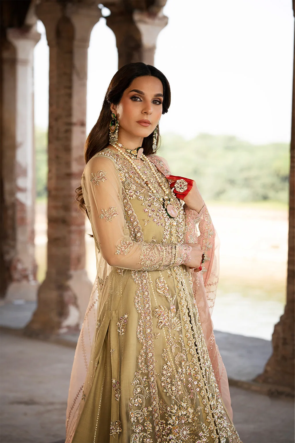 Coral Gold bridal silk suit with net sleeves and organza dupatta – view 3 – Poshaq