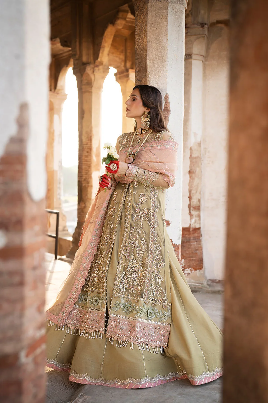 Coral Gold bridal silk suit with net sleeves and organza dupatta – view 4 – Poshaq
