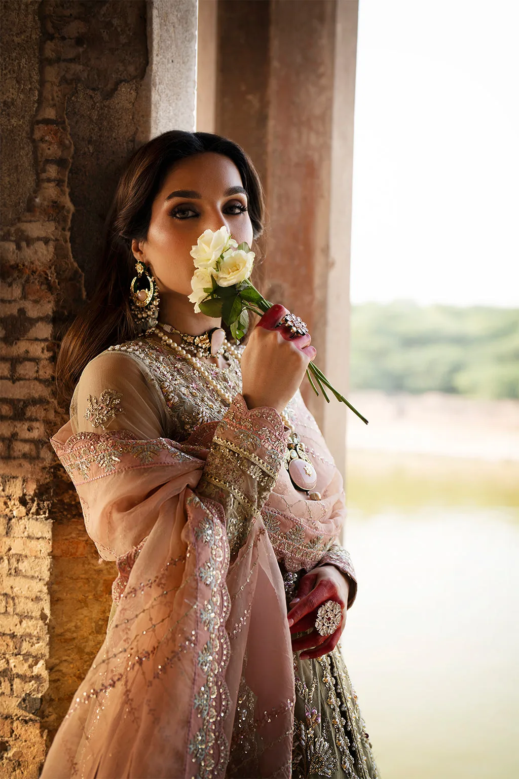 Coral Gold bridal silk suit with net sleeves and organza dupatta – view 5 – Poshaq