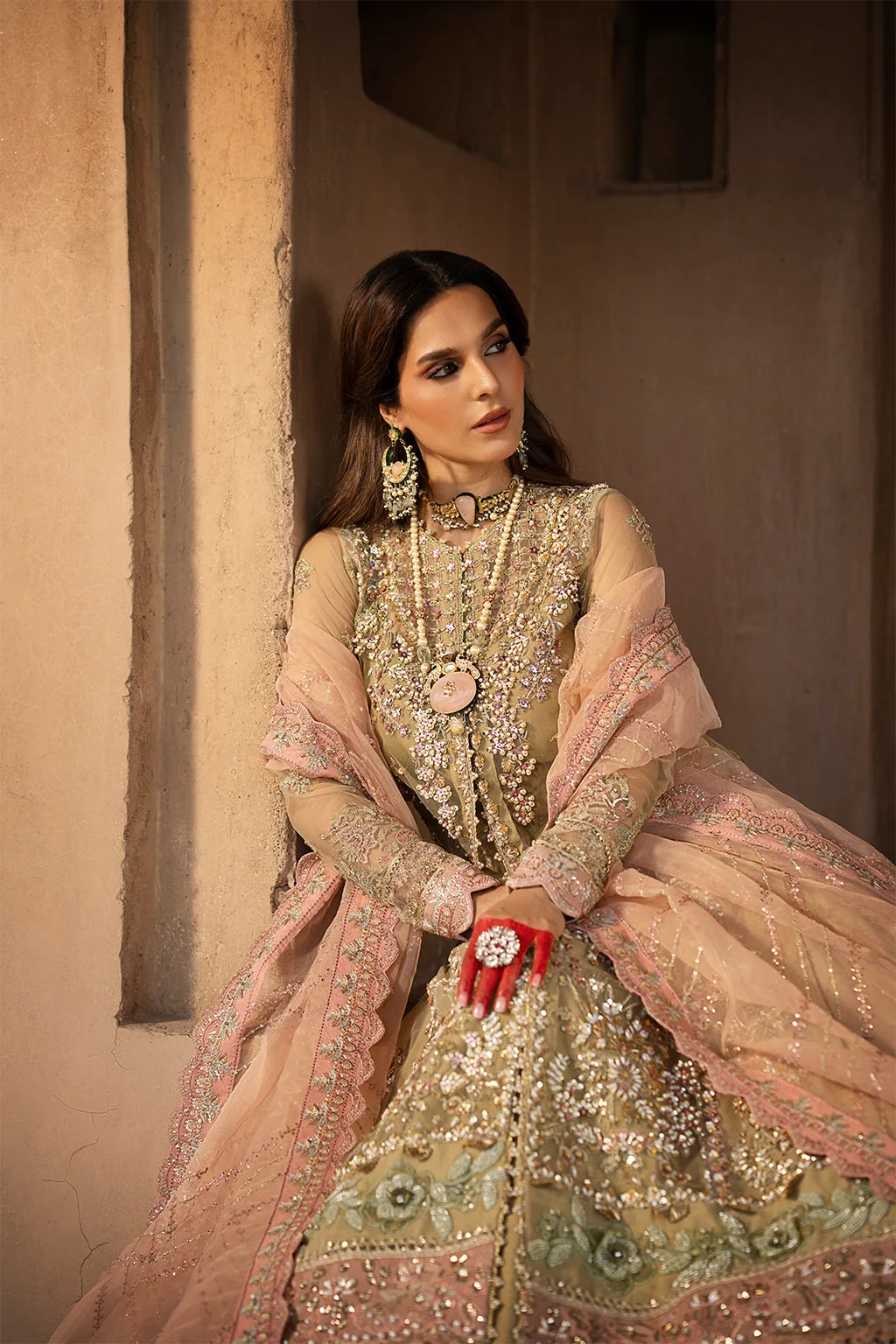 Coral Gold bridal silk suit with net sleeves and organza dupatta – view 6 – Poshaq