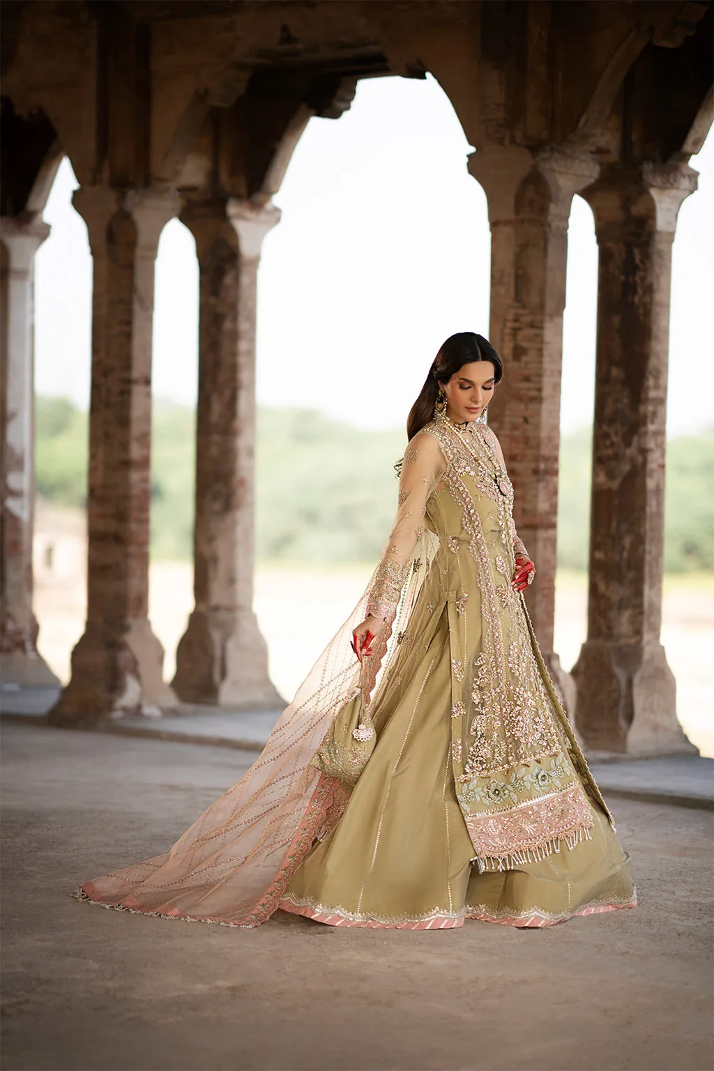Coral Gold bridal silk suit with net sleeves and organza dupatta – view 7 – Poshaq