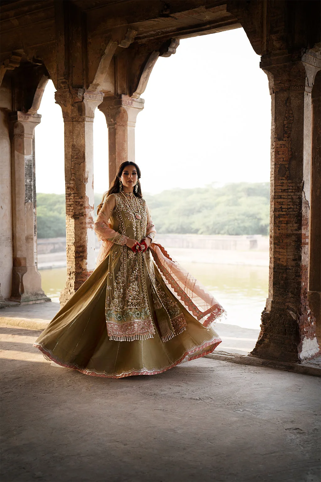 Coral Gold bridal silk suit with net sleeves and organza dupatta – view 8 – Poshaq