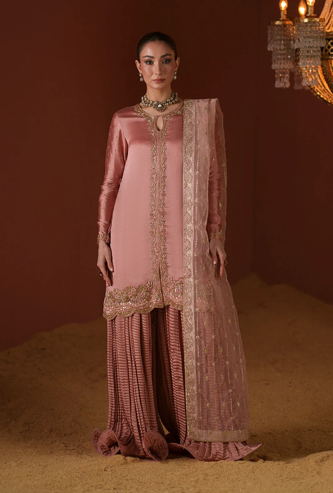 Salmon pink three‑piece suit with organza embroidered dupatta and silk sharara – view 1 – Poshaq