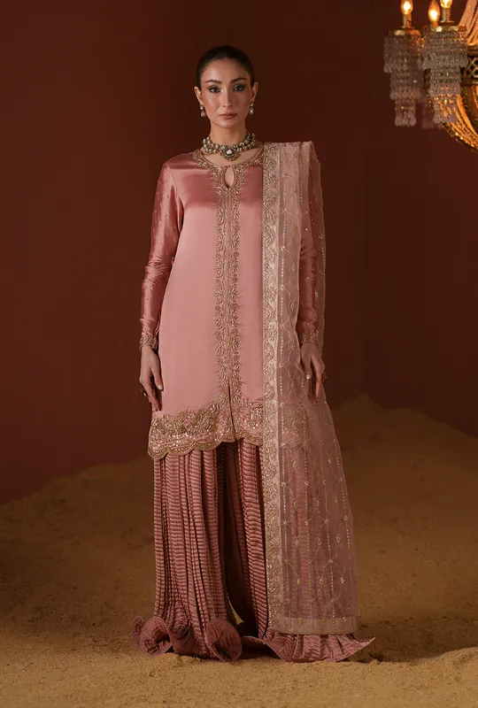 Salmon pink three‑piece suit with organza embroidered dupatta and silk sharara – view 1 – Poshaq