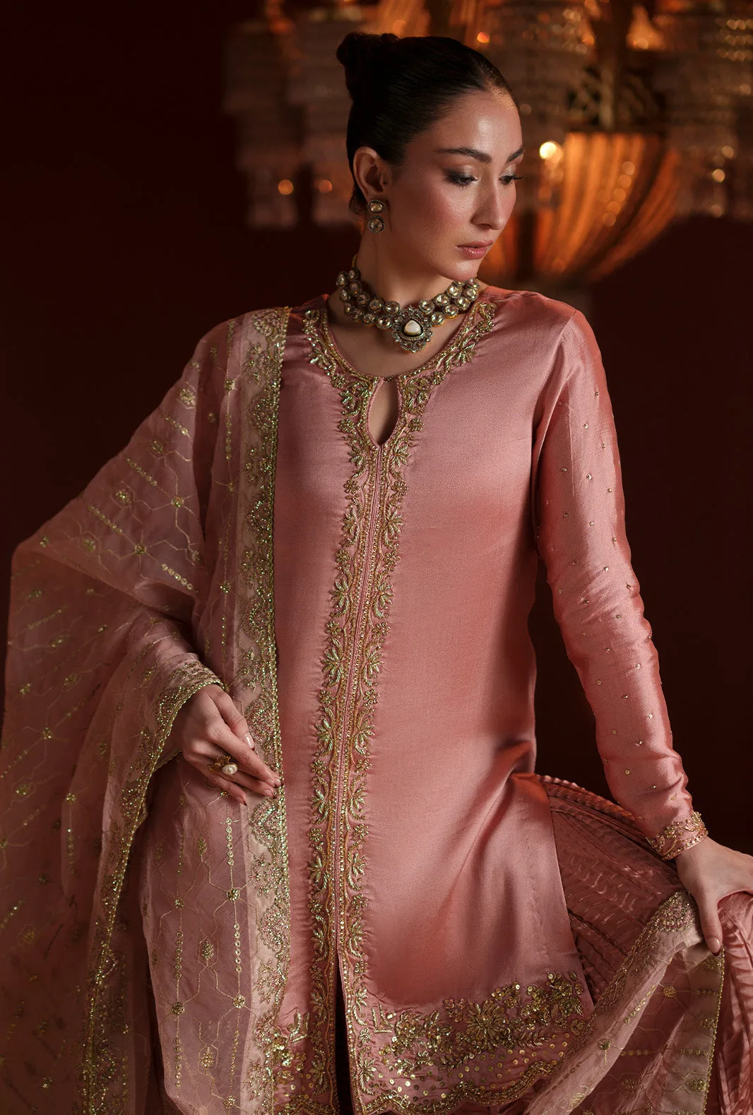 Salmon pink three‑piece suit with organza embroidered dupatta and silk sharara – view 10 – Poshaq