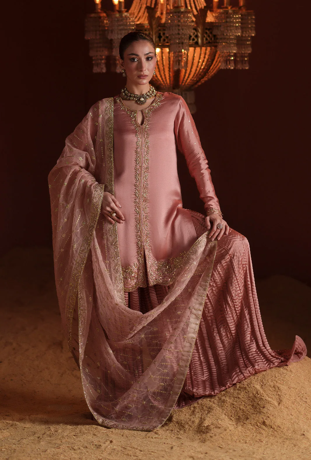 Salmon pink three‑piece suit with organza embroidered dupatta and silk sharara – view 11 – Poshaq