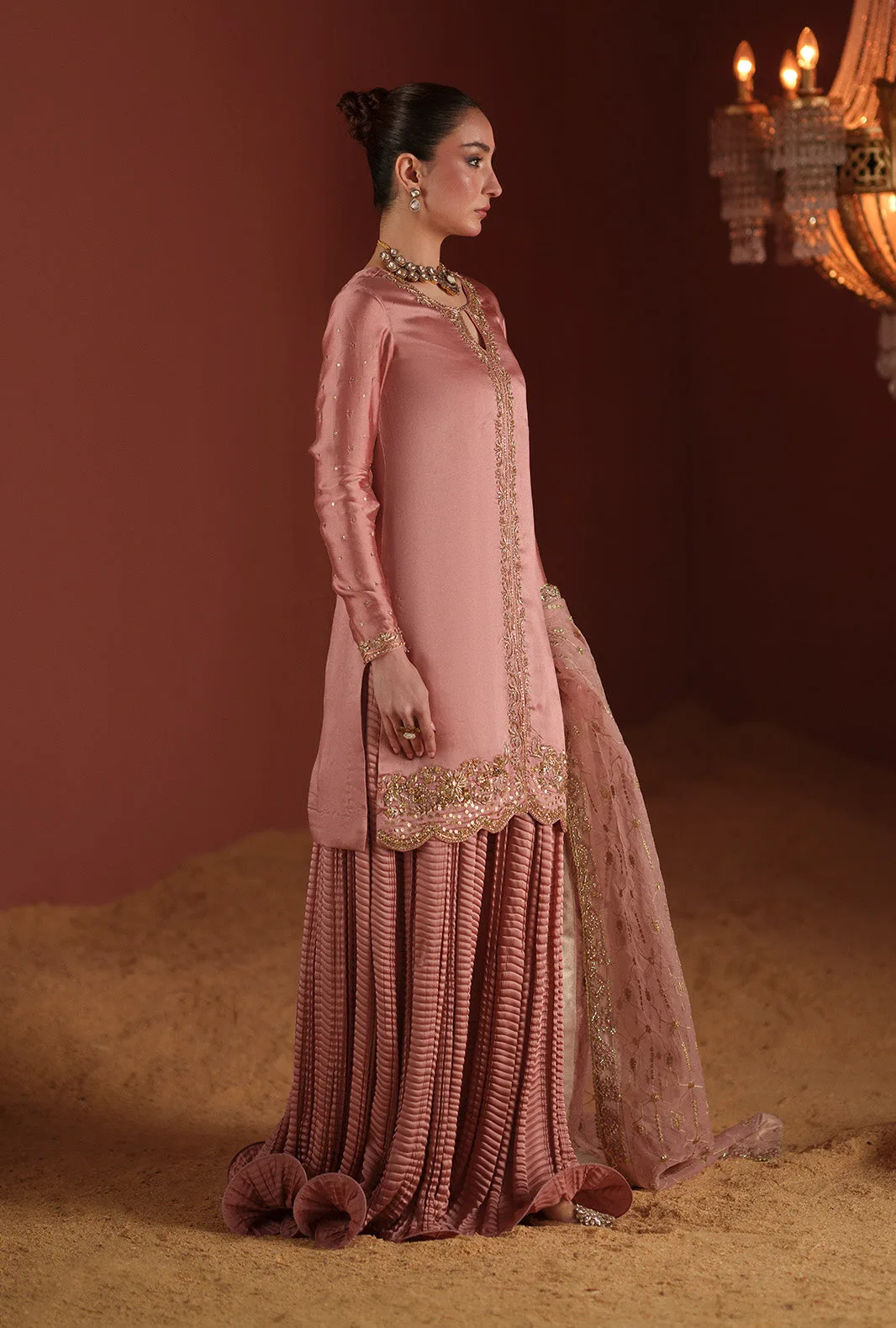 Salmon pink three‑piece suit with organza embroidered dupatta and silk sharara – view 2 – Poshaq