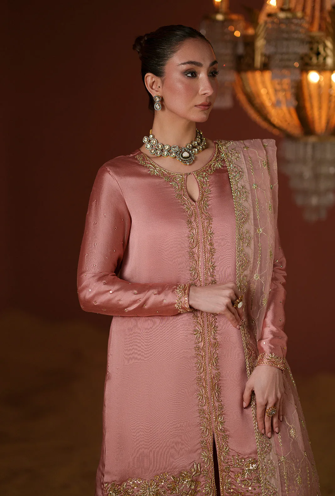 Salmon pink three‑piece suit with organza embroidered dupatta and silk sharara – view 3 – Poshaq