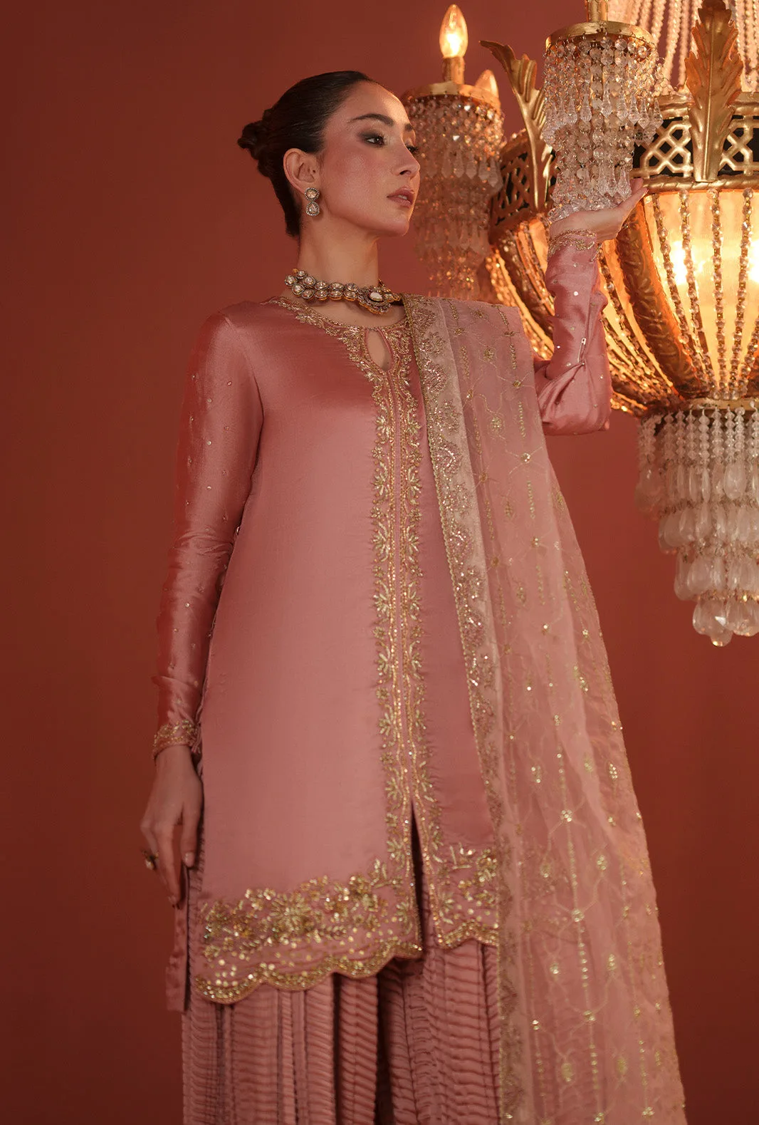 Salmon pink three‑piece suit with organza embroidered dupatta and silk sharara – view 4 – Poshaq
