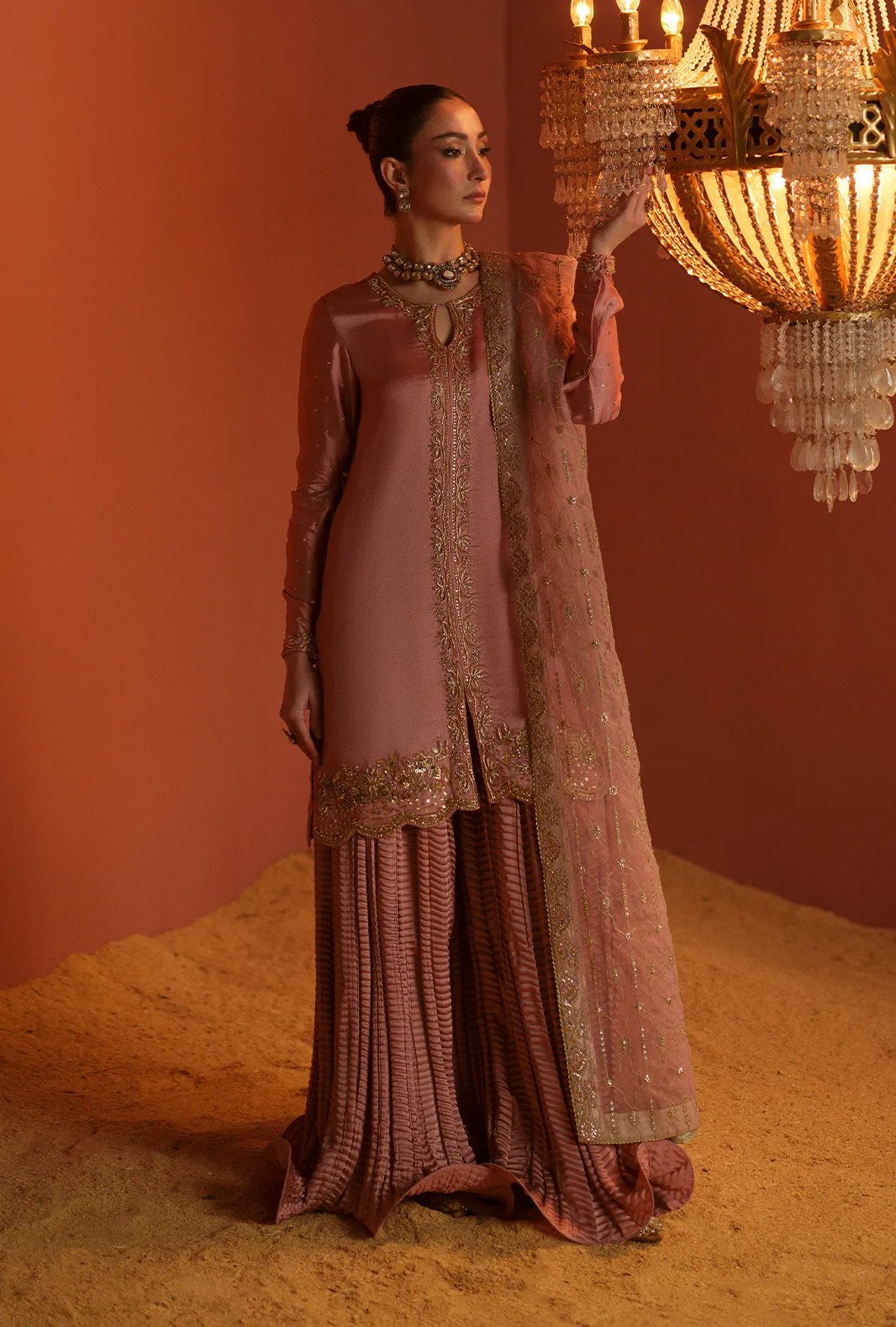 Salmon pink three‑piece suit with organza embroidered dupatta and silk sharara – view 5 – Poshaq