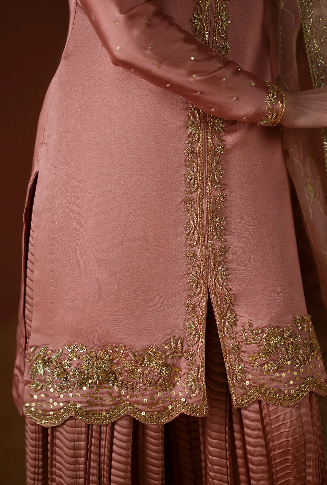 Salmon pink three‑piece suit with organza embroidered dupatta and silk sharara – view 6 – Poshaq