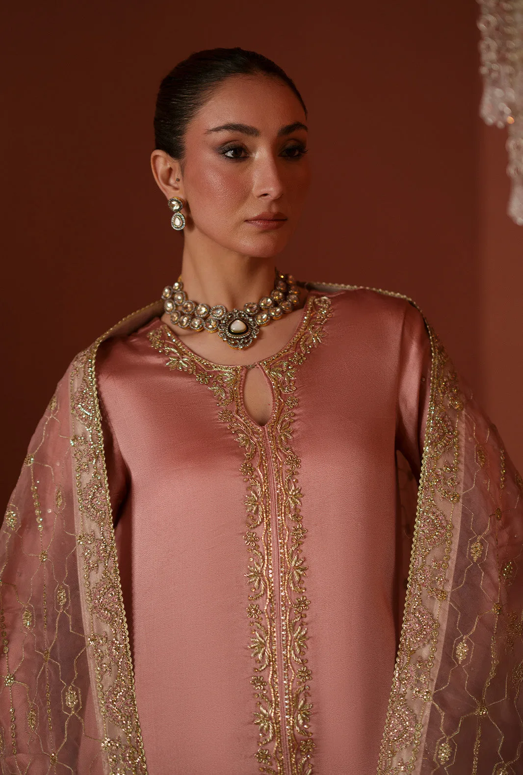 Salmon pink three‑piece suit with organza embroidered dupatta and silk sharara – view 7 – Poshaq