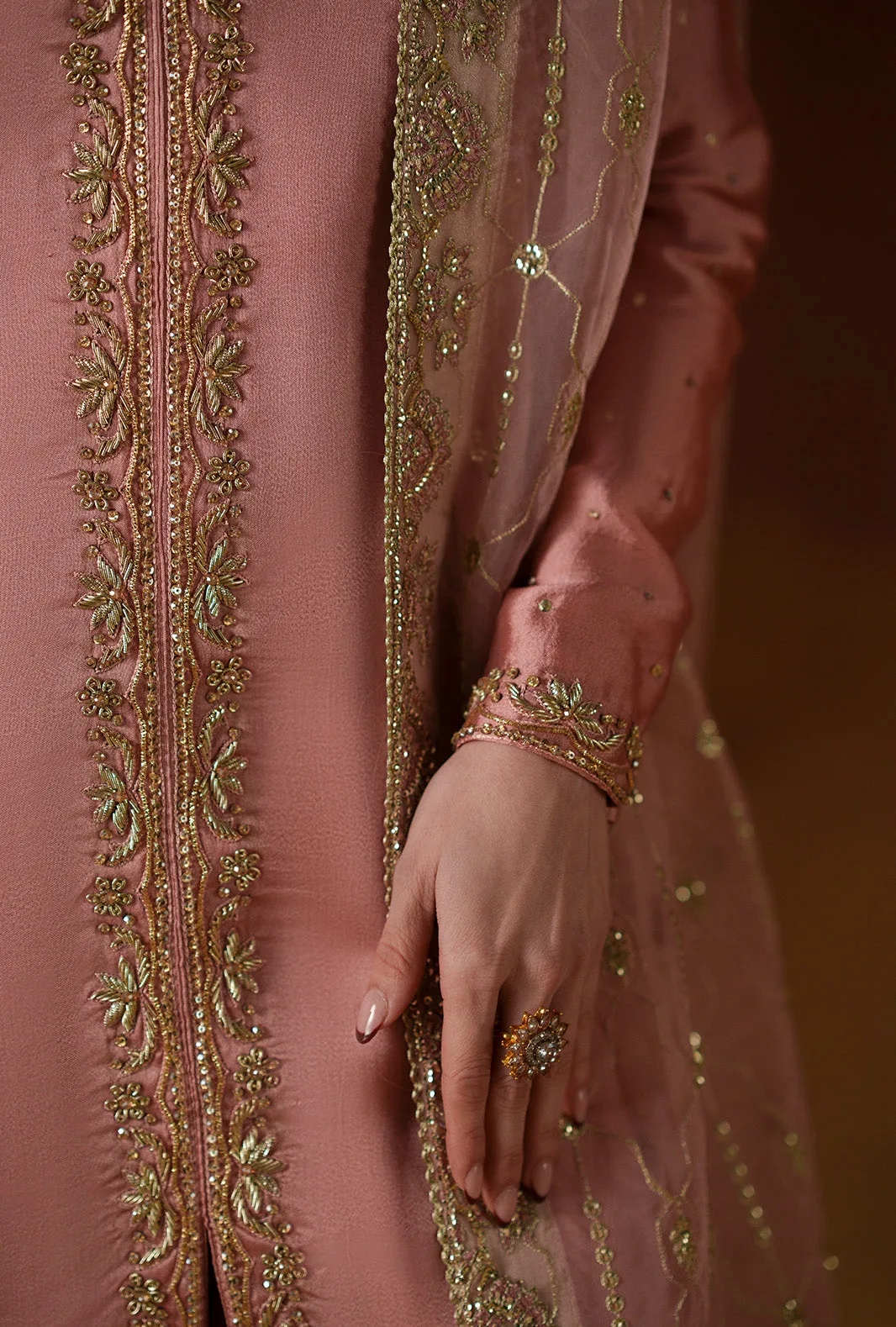 Salmon pink three‑piece suit with organza embroidered dupatta and silk sharara – view 8 – Poshaq