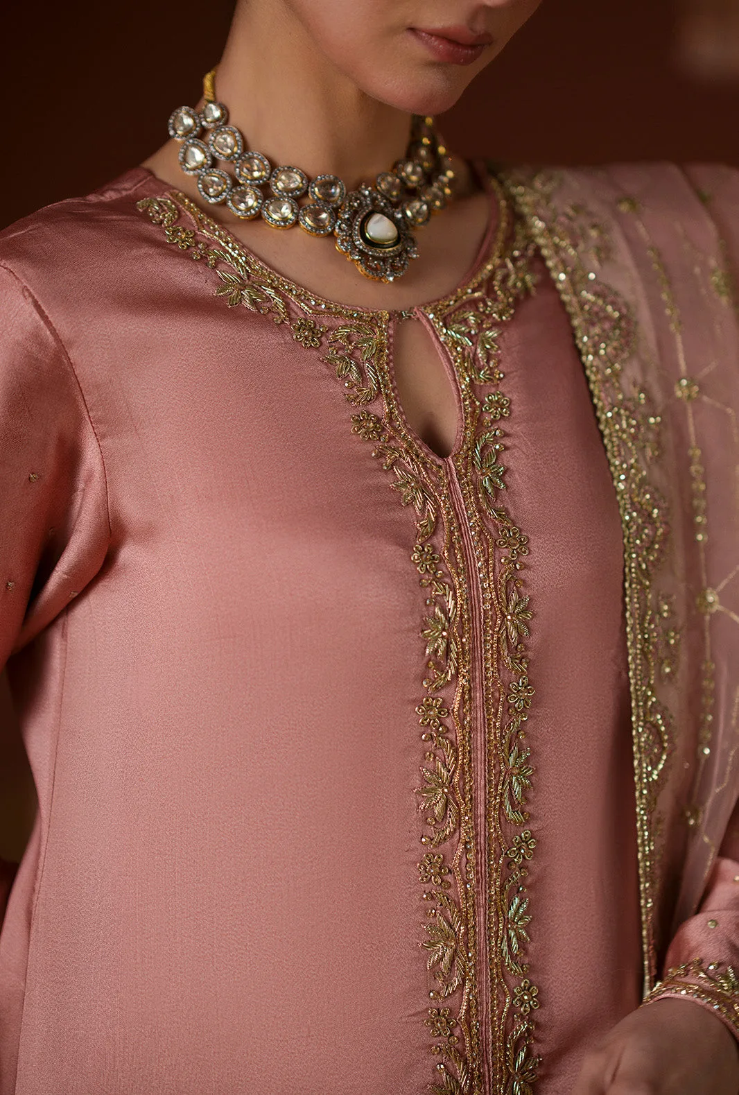 Salmon pink three‑piece suit with organza embroidered dupatta and silk sharara – view 9 – Poshaq