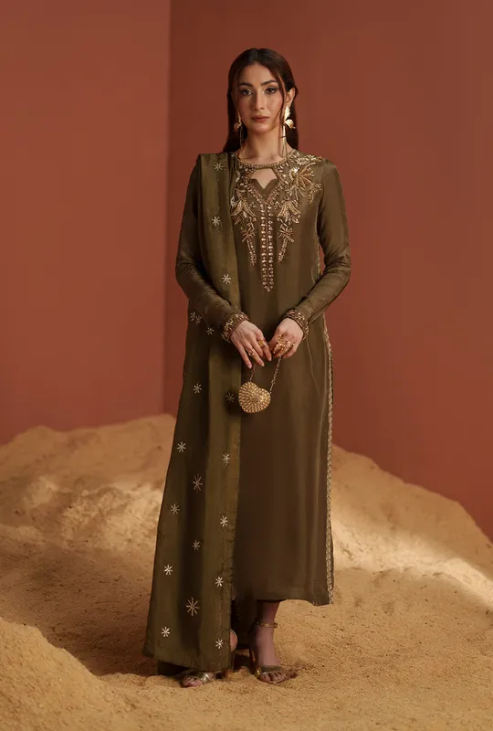 Deep brown silk long shirt with smooth finish – view 1 – Poshaq