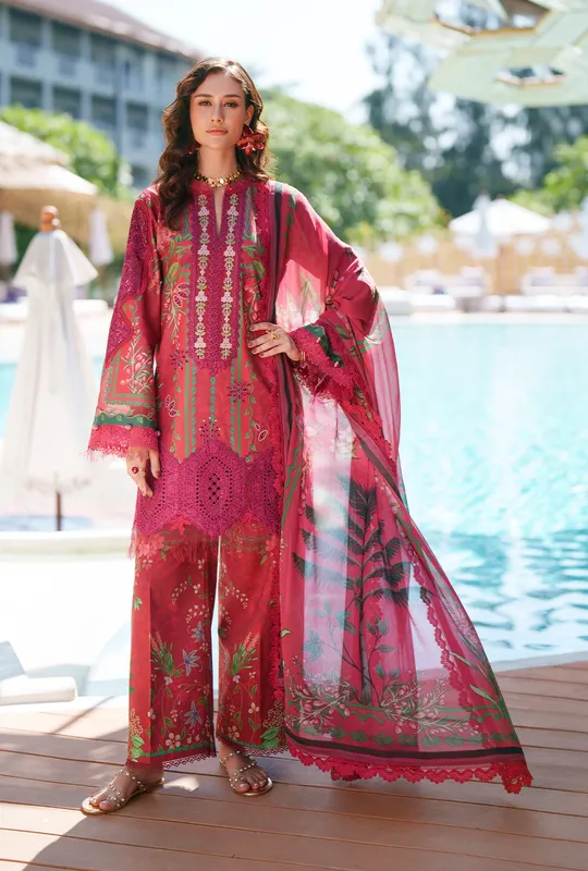 Red printed chikankari 3‑piece set with chiffon dupatta – view 1 – Poshaq