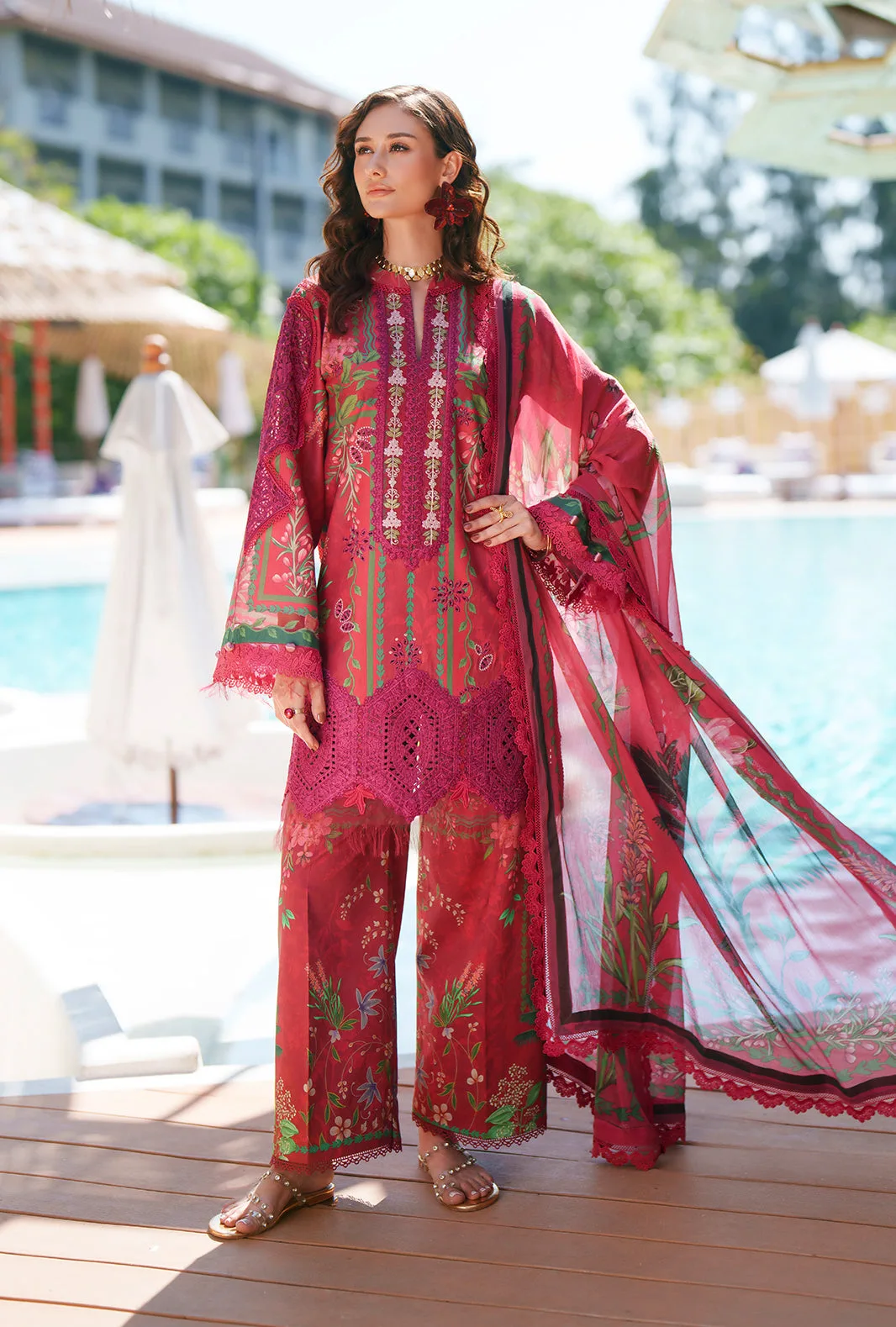 Red printed chikankari 3‑piece set with chiffon dupatta – view 2 – Poshaq