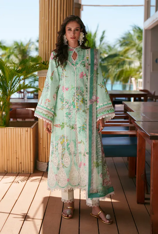 Mint chiffon and lawn ensemble with embroidered borders by AJR Couture – view 1 – Poshaq
