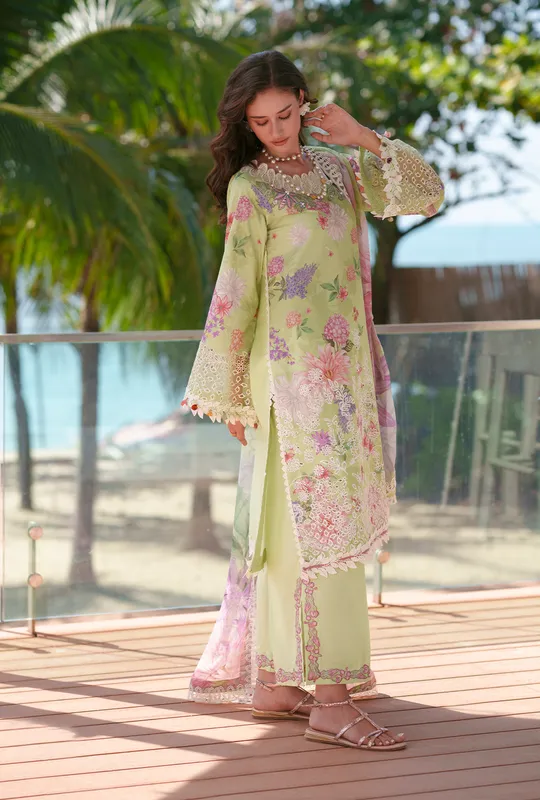 Apple green printed chikankari three‑piece suit with lawn shirt, cotton trousers and chiffon dupatta – view 1 – Poshaq