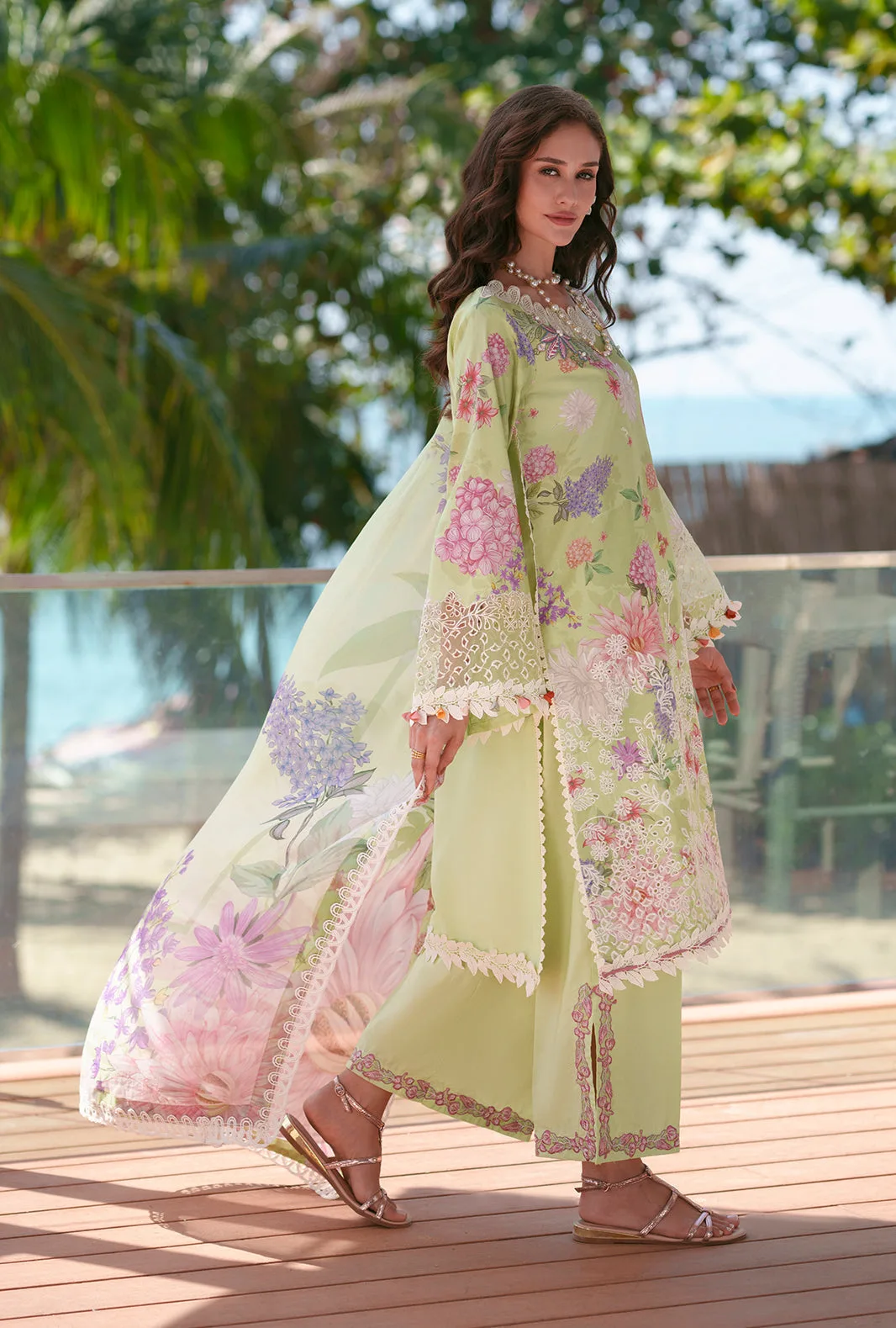Apple green printed chikankari three‑piece suit with lawn shirt, cotton trousers and chiffon dupatta – view 2 – Poshaq