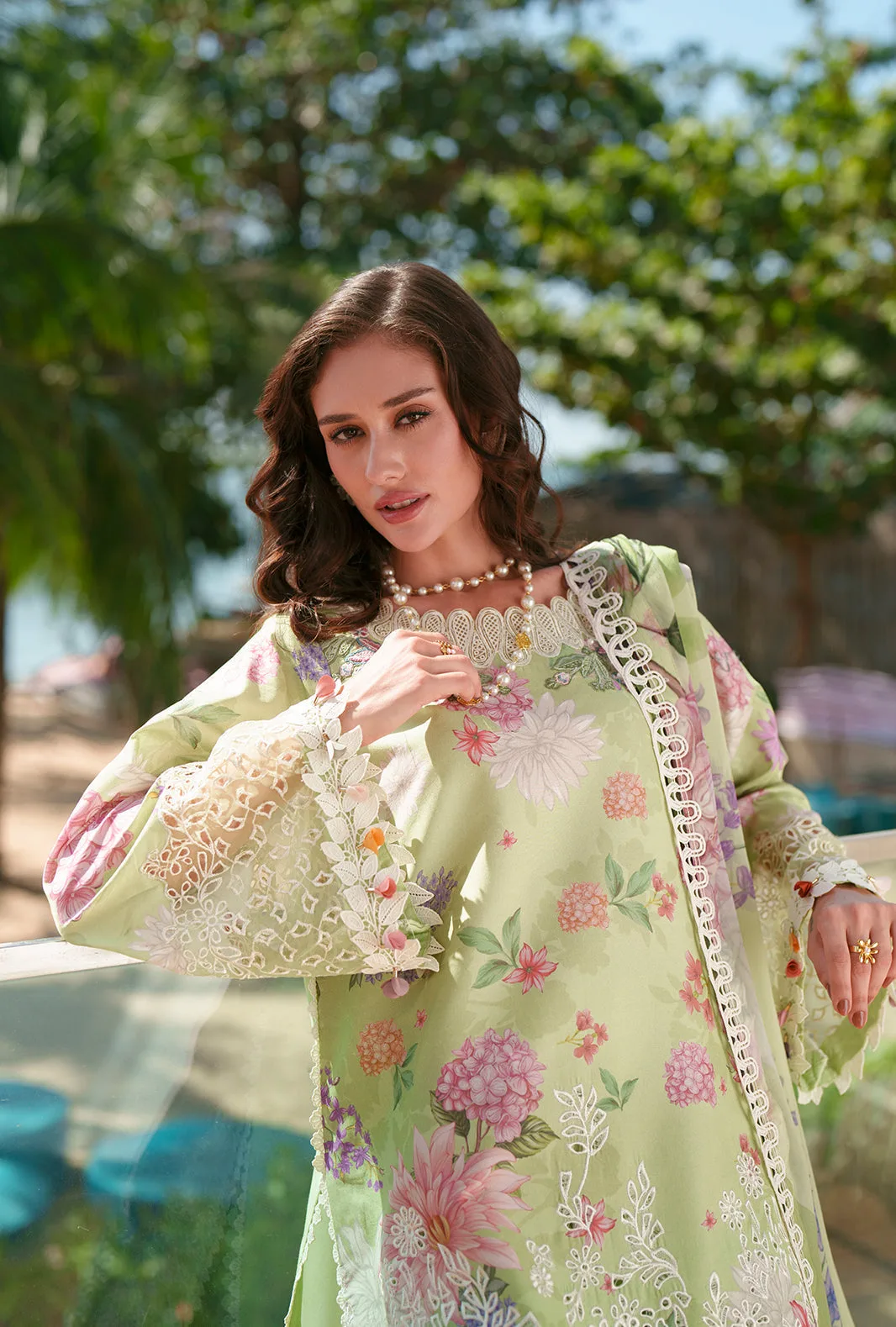 Apple green printed chikankari three‑piece suit with lawn shirt, cotton trousers and chiffon dupatta – view 6 – Poshaq