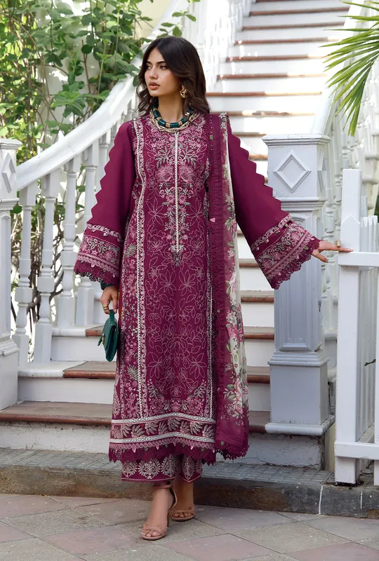 Purple red organza lawn suit with cambric trousers and silk dupatta – view 1 – Poshaq