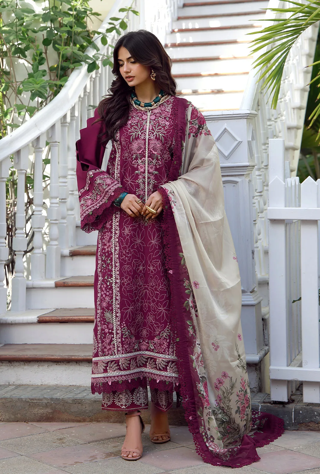 Purple red organza lawn suit with cambric trousers and silk dupatta – view 2 – Poshaq