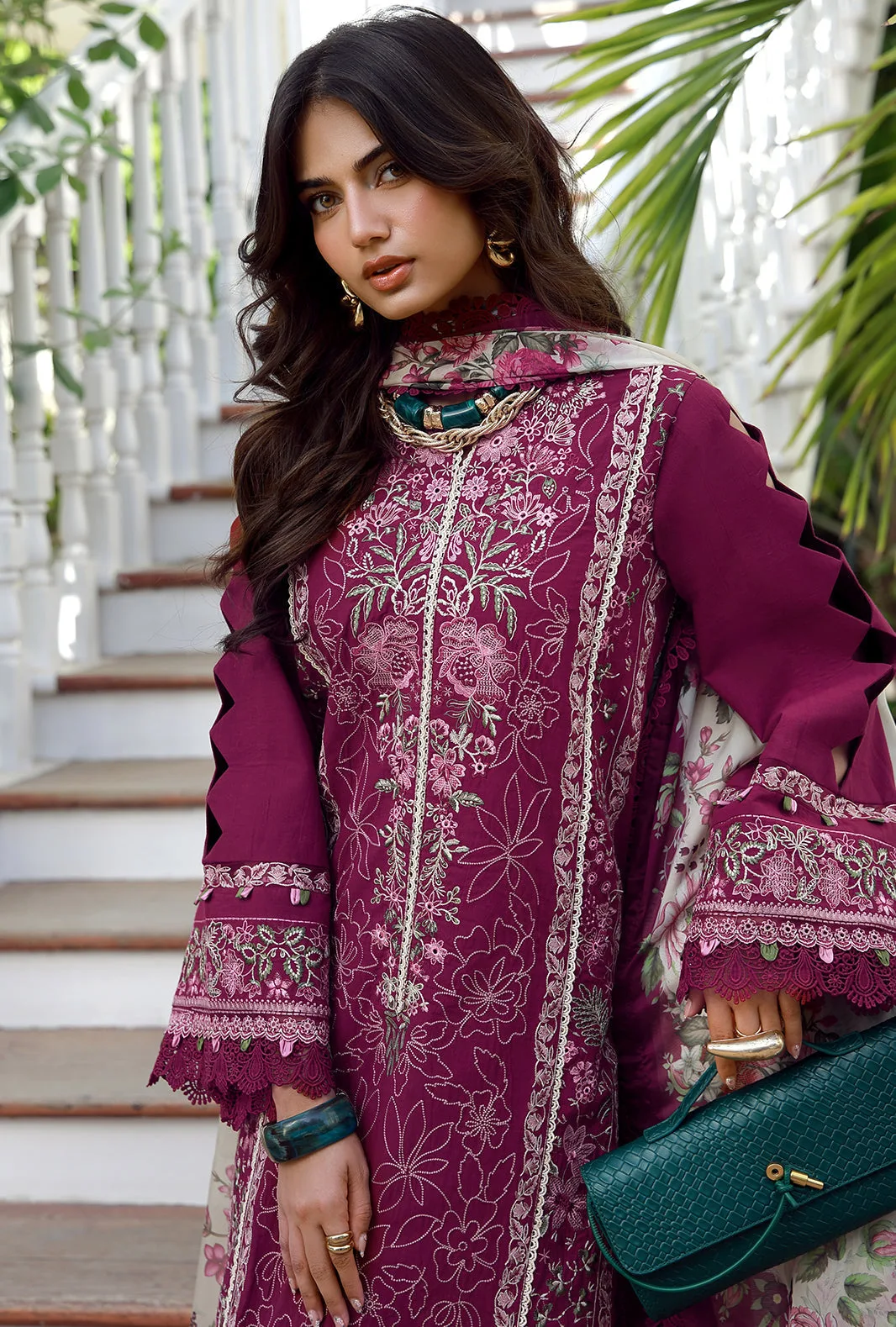 Purple red organza lawn suit with cambric trousers and silk dupatta – view 3 – Poshaq