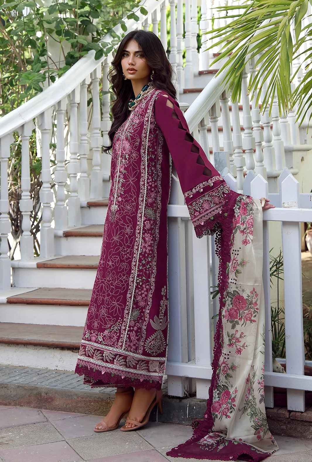 Purple red organza lawn suit with cambric trousers and silk dupatta – view 4 – Poshaq