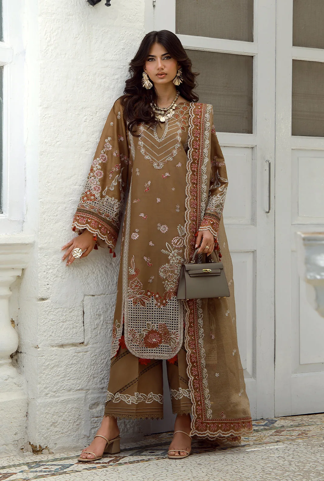 Light brown long shirt and trousers with embroidered organza border – view 1 – Poshaq