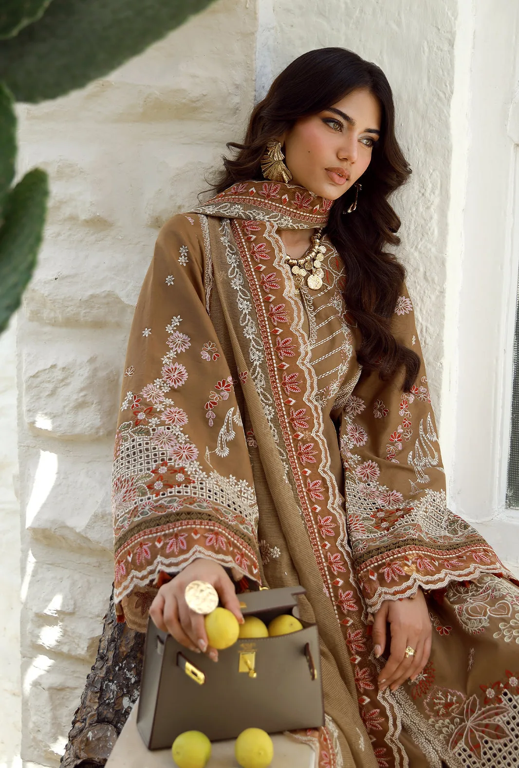 Light brown long shirt and trousers with embroidered organza border – view 3 – Poshaq