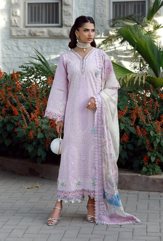 Lilac embroidered lawn shirt, trousers and silk dupatta with organza detailing – view 1 – Poshaq