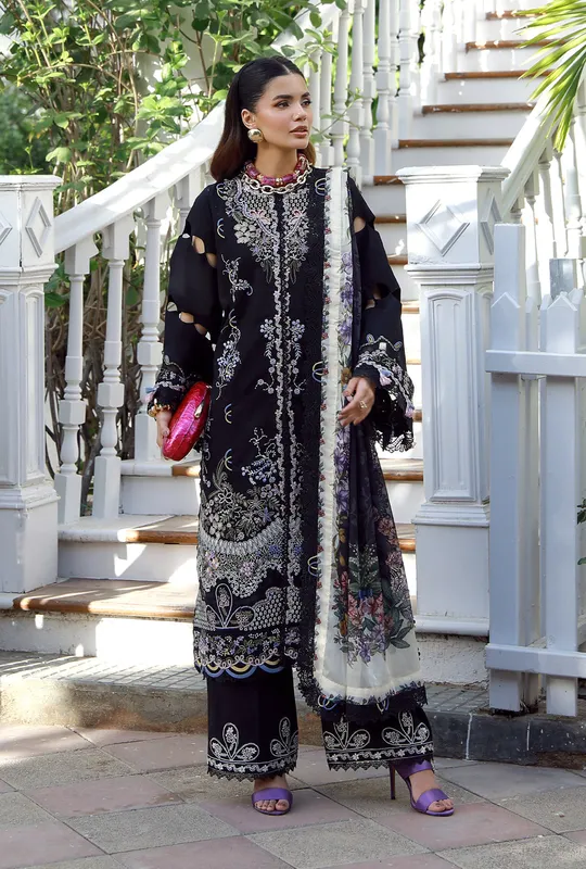 Black embroidered lawn suit with organza border and silk dupatta – view 1 – Poshaq