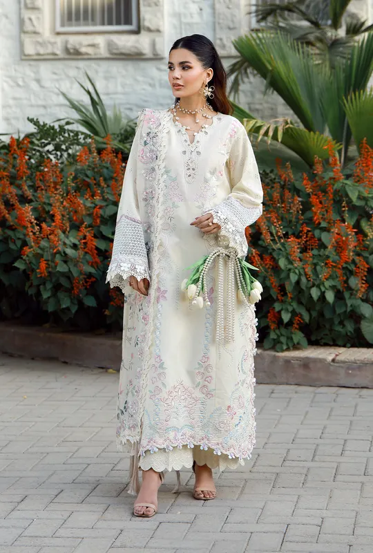 white organza long shirt with dobby lawn detailing – view 1 – Poshaq