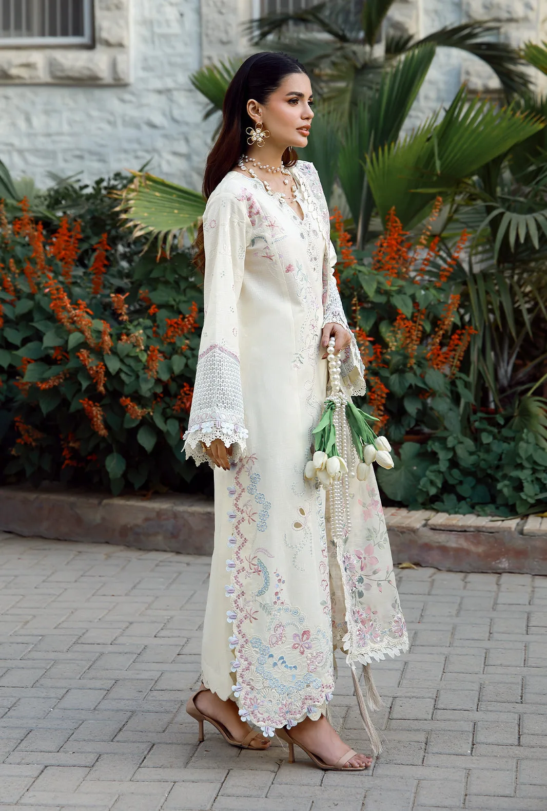 white organza long shirt with dobby lawn detailing – view 2 – Poshaq