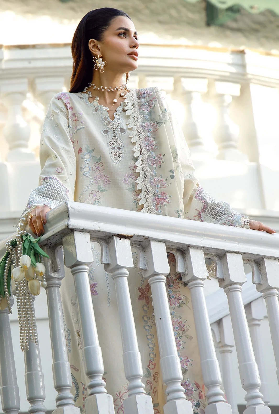 white organza long shirt with dobby lawn detailing – view 3 – Poshaq
