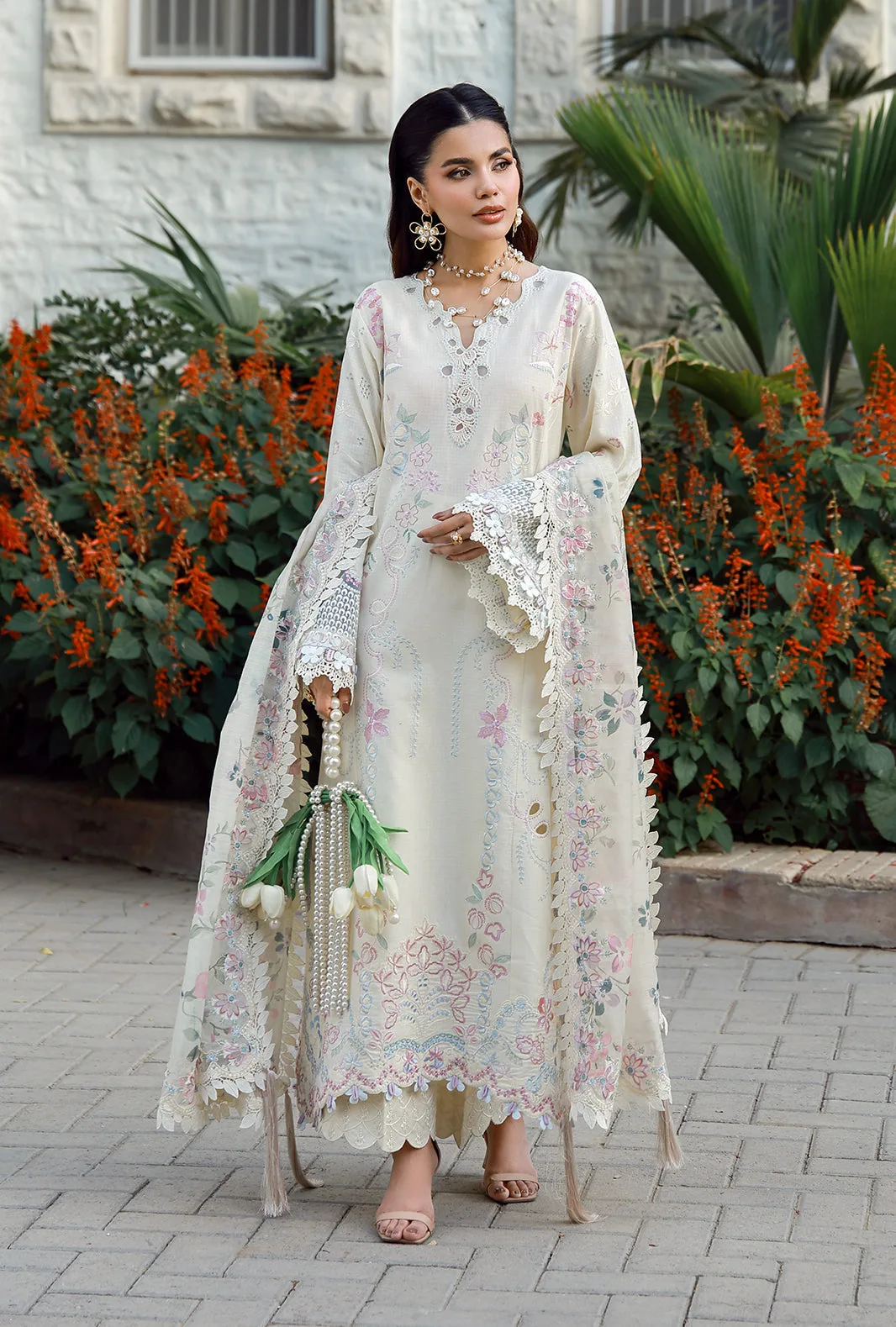 white organza long shirt with dobby lawn detailing – view 4 – Poshaq
